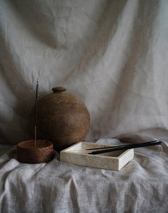 Polished grey marble tray. The perfect catchall for jewellery, keys and more. Paired here with our large mud vase and wooden incense holder